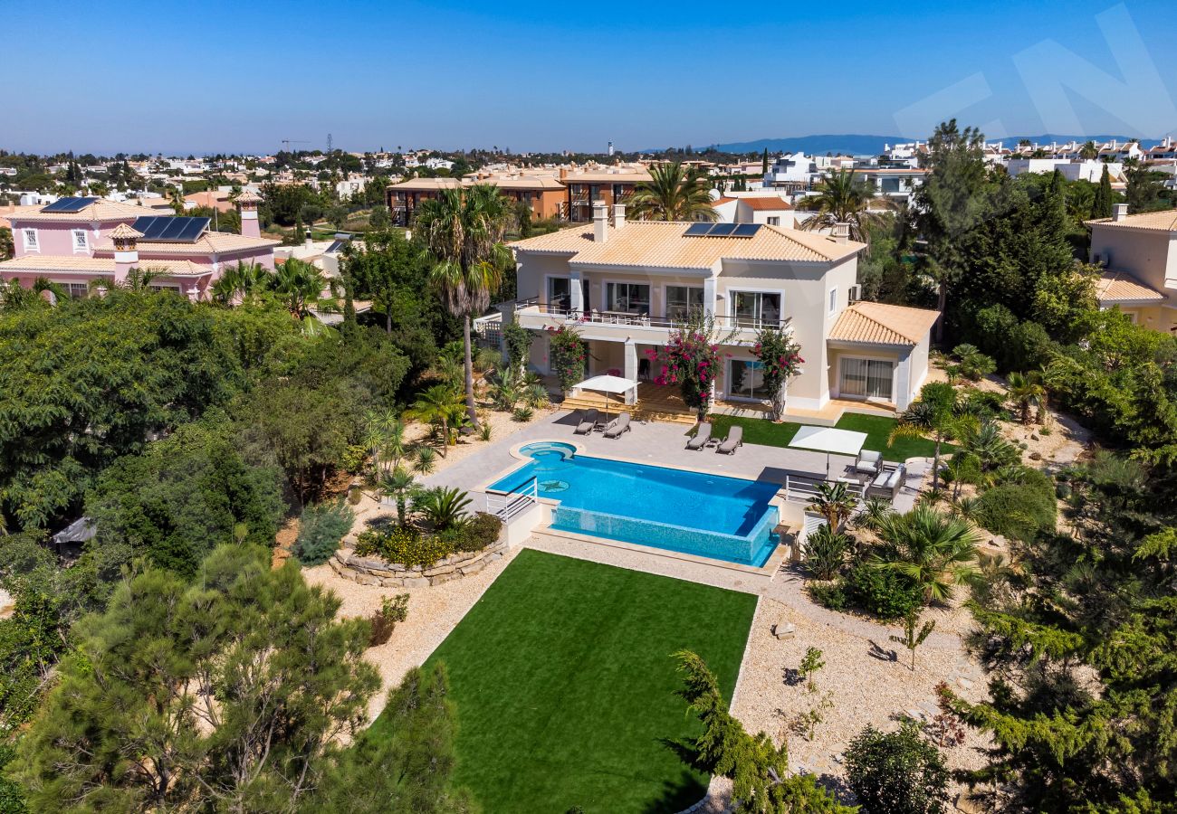 Vista aérea da Villa Eden com piscina de beiral infinito