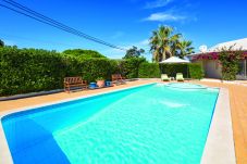 Private swimming pool surrounded by palm trees and sun loungers at Casa Santalena villa in Carvoeiro Algarve
